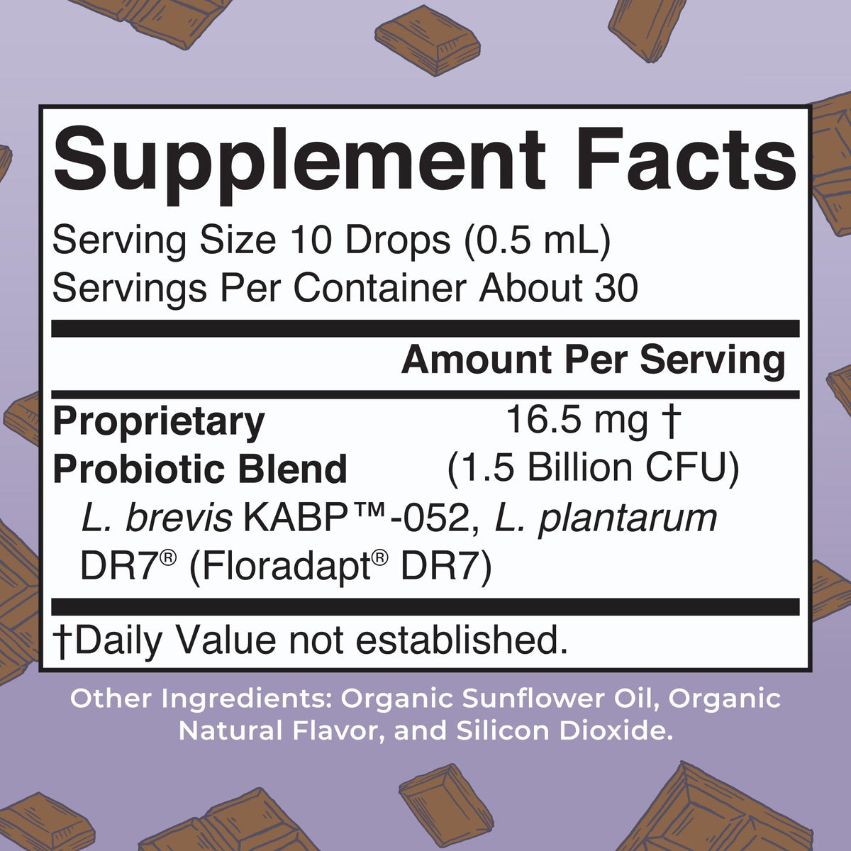 Organic Women's Precision Probiotic Stress & Cognition Liquid Drops 0.5oz Chocolate Supplement Facts