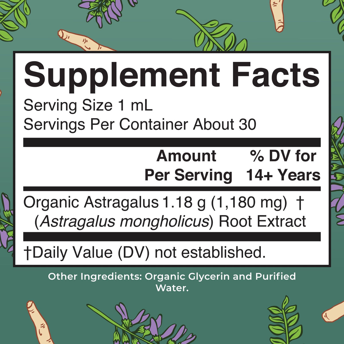Organic Astragalus Root Herbal Drops Supplement Facts