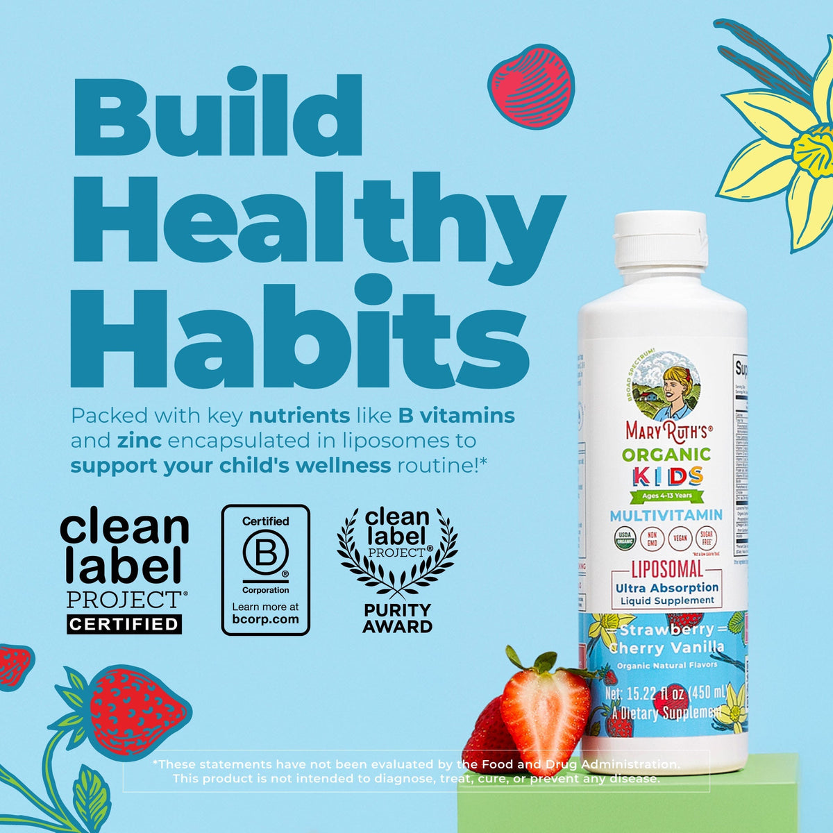 Organic Kids Multivitamin Liposomal Strawberry Cherry Vanilla 15oz Build Healthy Habits