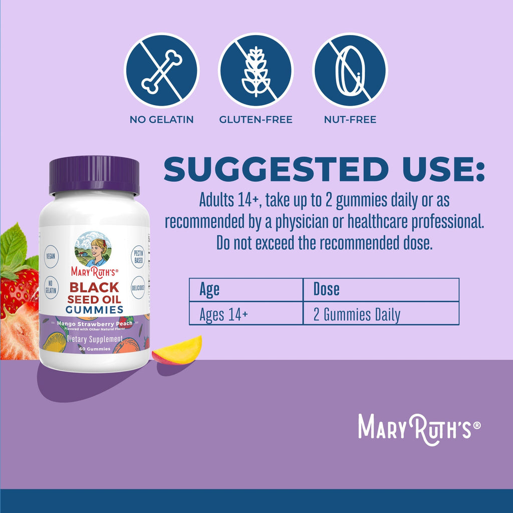 Black Seed Oil Gummies 60CT Mango Strawberry Peach Suggested Use