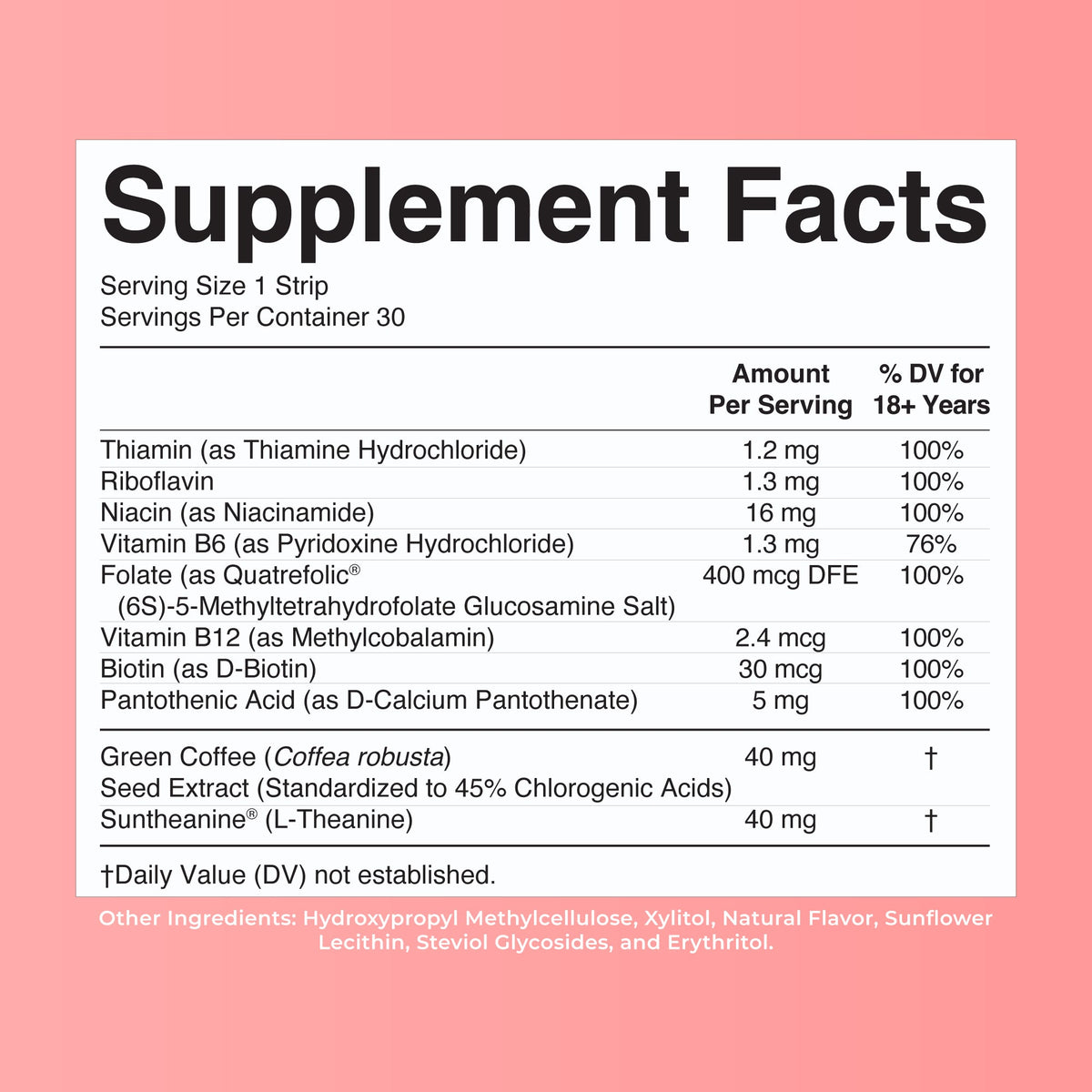 Energy Dissolving Strips 30 Strips Strawberry Supplement Facts