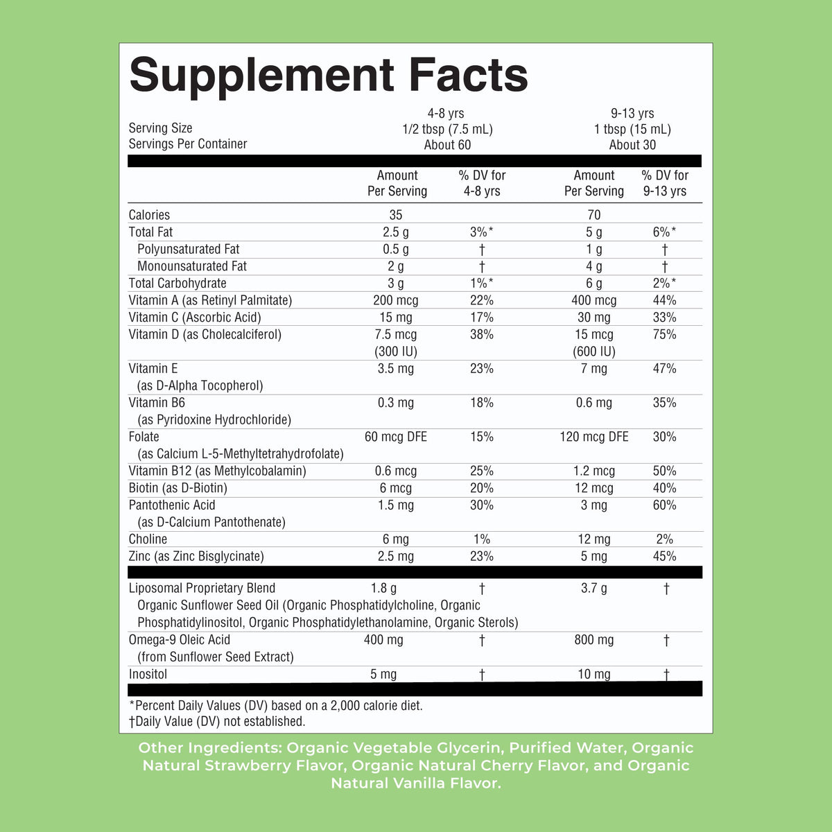 Organic Kids Multivitamin Liposomal Strawberry Cherry Vanilla 15oz Supplement Facts