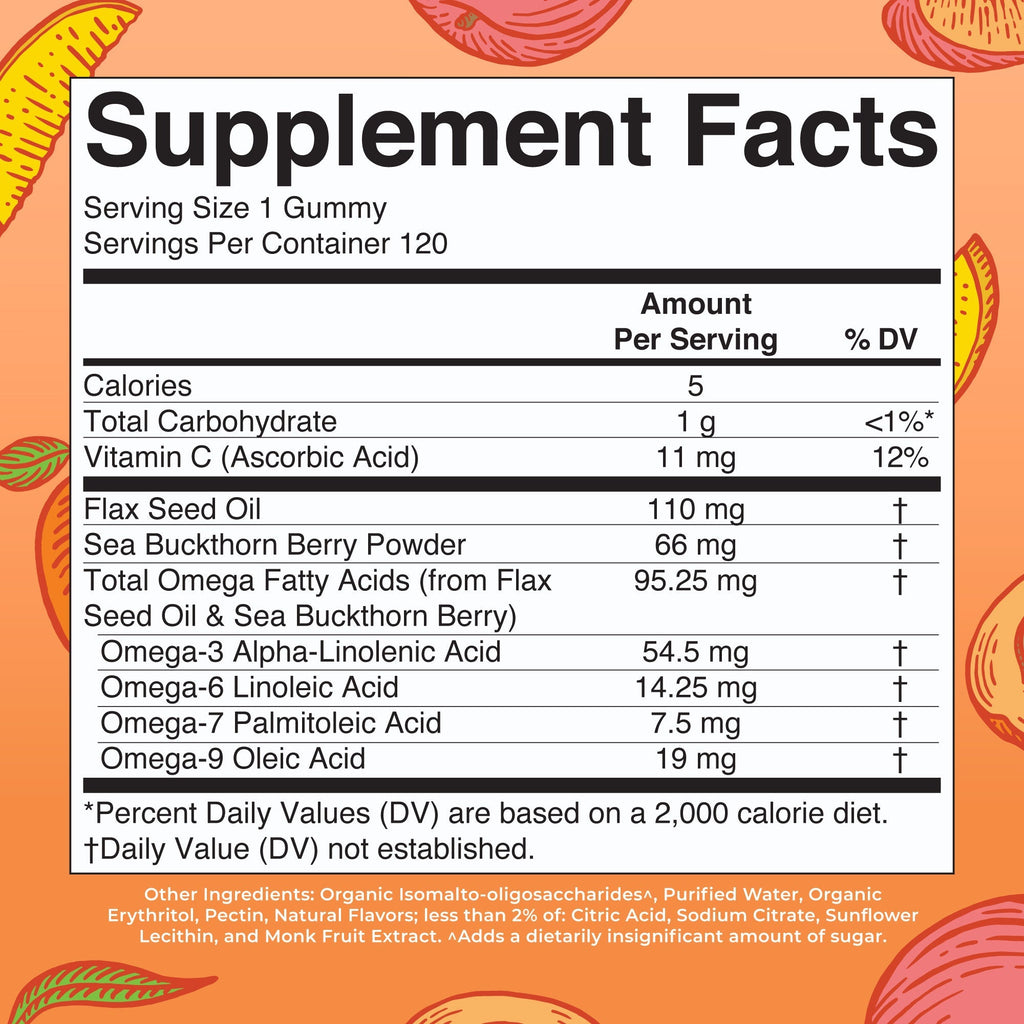 Omega 3-6-7-9 Gummies 120CT Peach Mango Apricot Supplement Facts