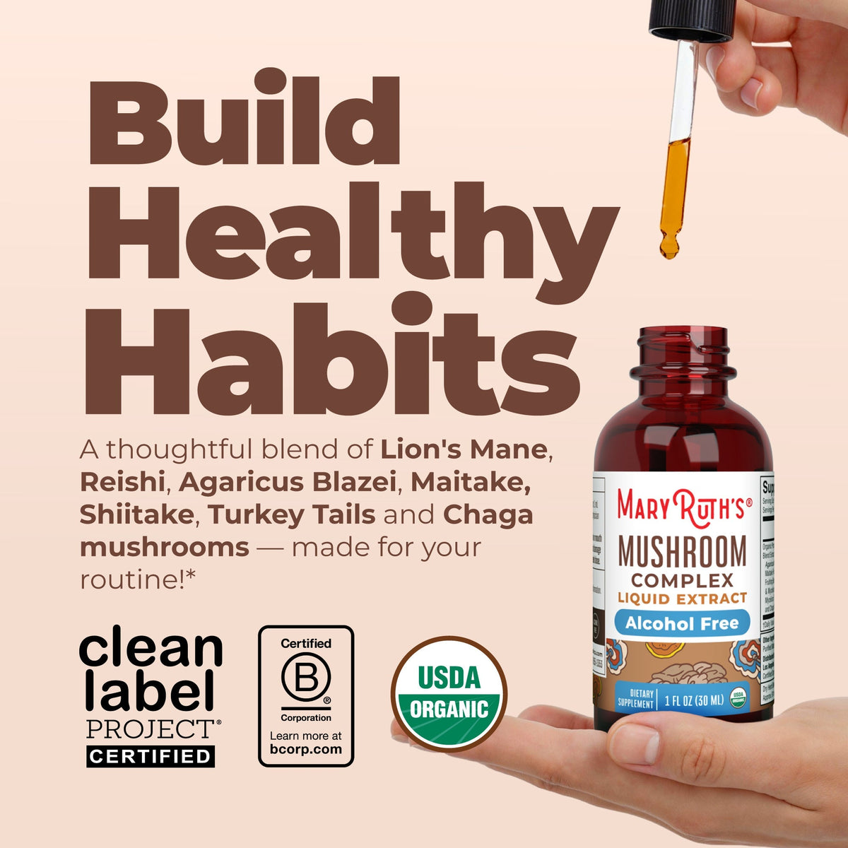 Organic Mushroom Complex Liquid Drops 1oz Build Healthy Habits