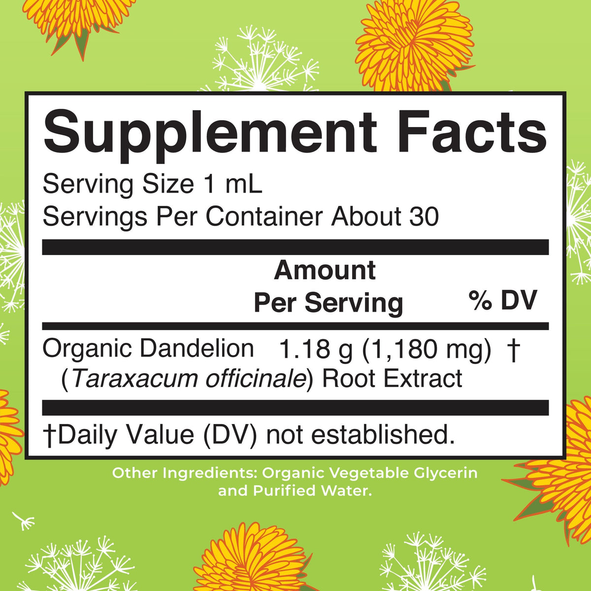 Organic Dandelion Root Liquid Extract 1oz Supplement Facts
