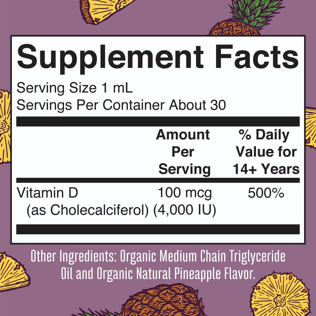 Megadose D3 Organic Liquid Drops 1oz Supplement Facts