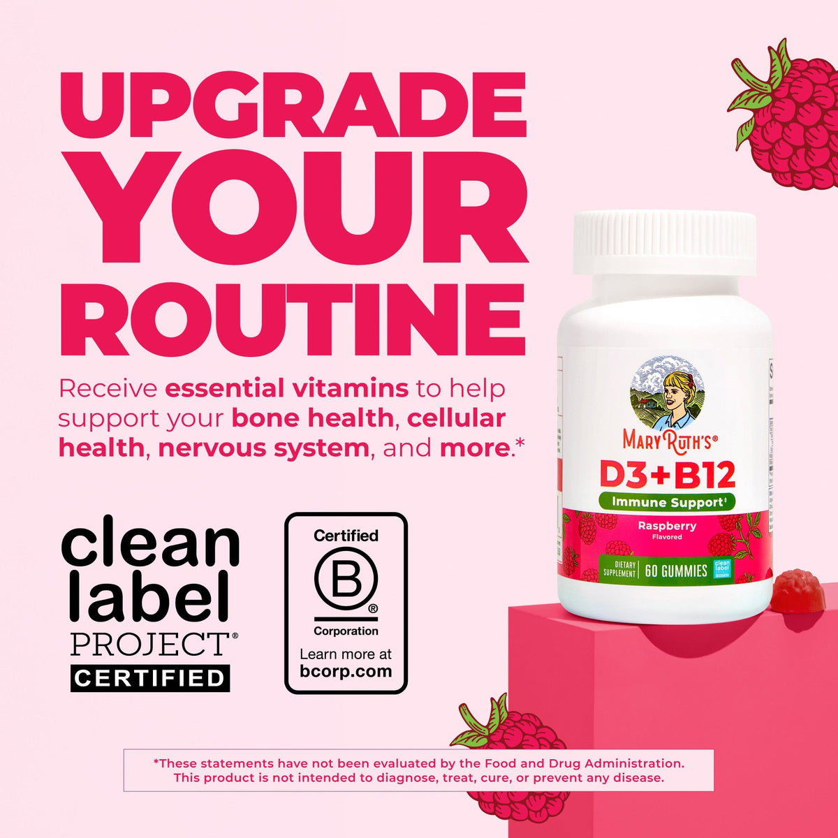 Sugar-Free D3 + B12 Gummies 60CT Raspberry Upgrade Your Routine