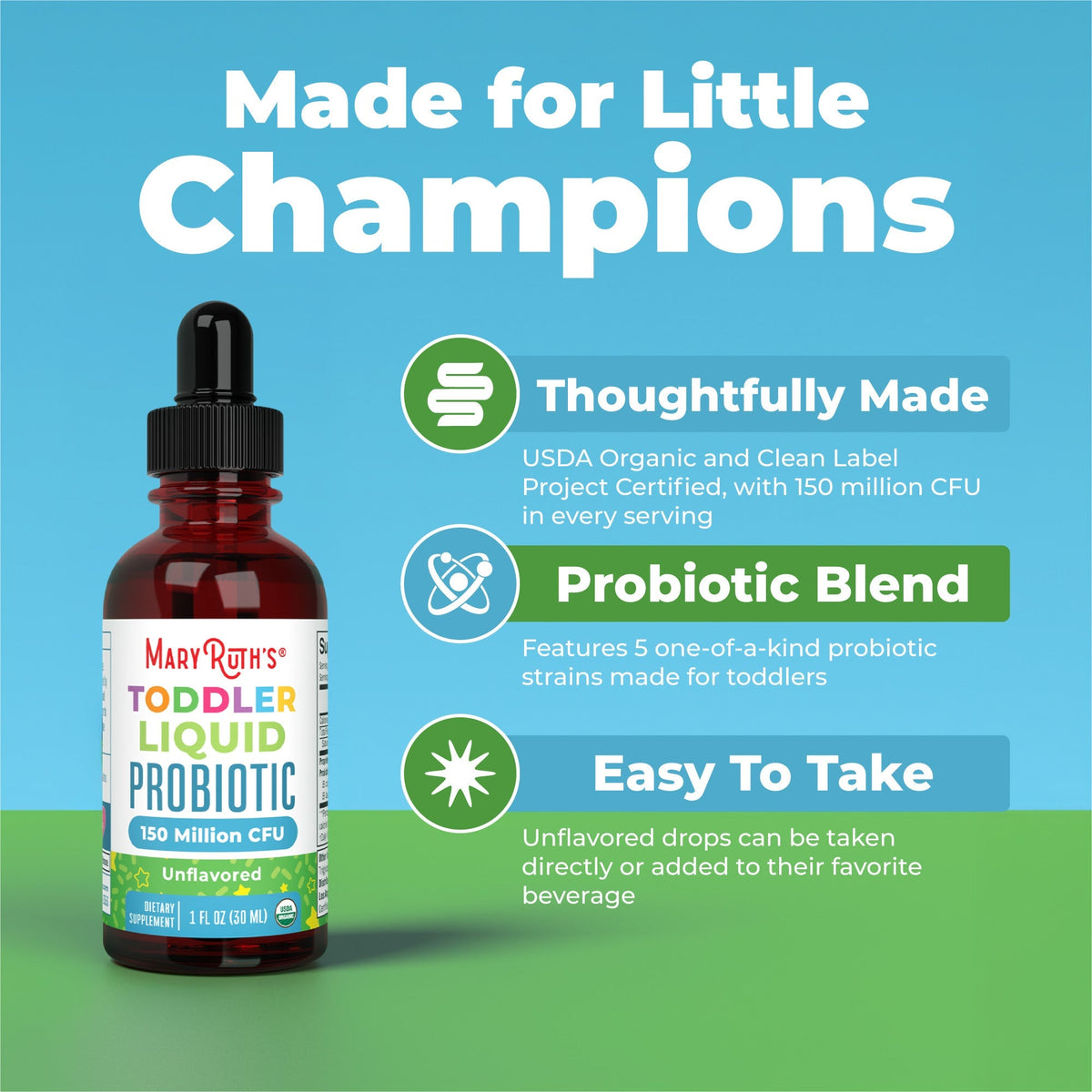 Organic Toddler Liquid Probiotic 1oz Unflavored Made for Little Champions