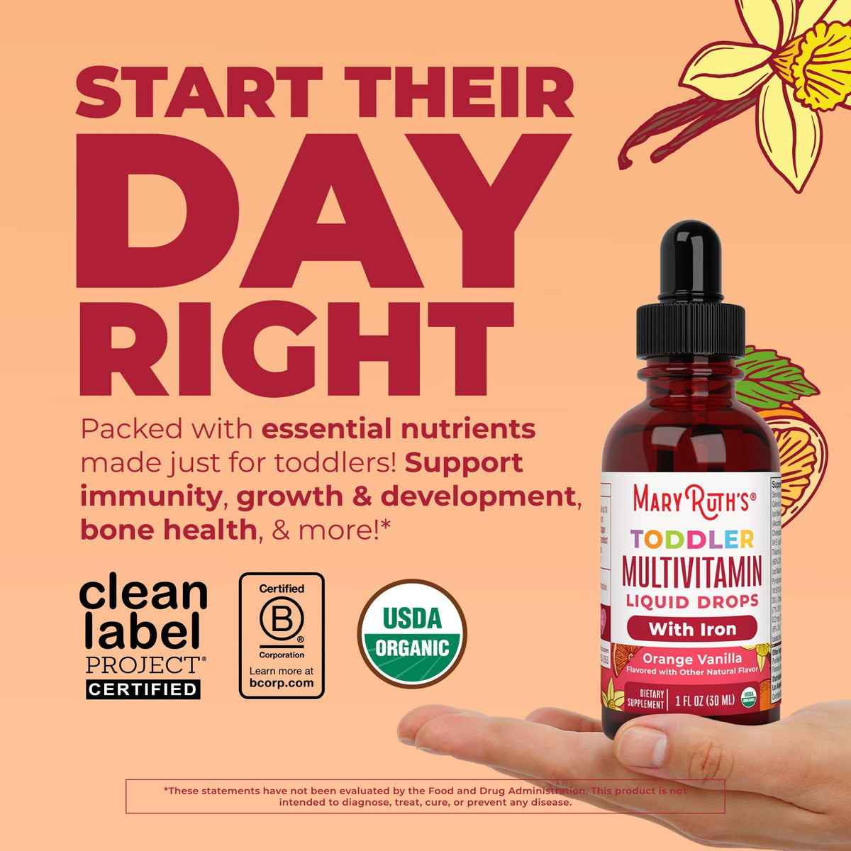 Organic Toddler Multivitamin Liquid Drops With Iron 1oz Orange Vanilla Start Their Day Right
