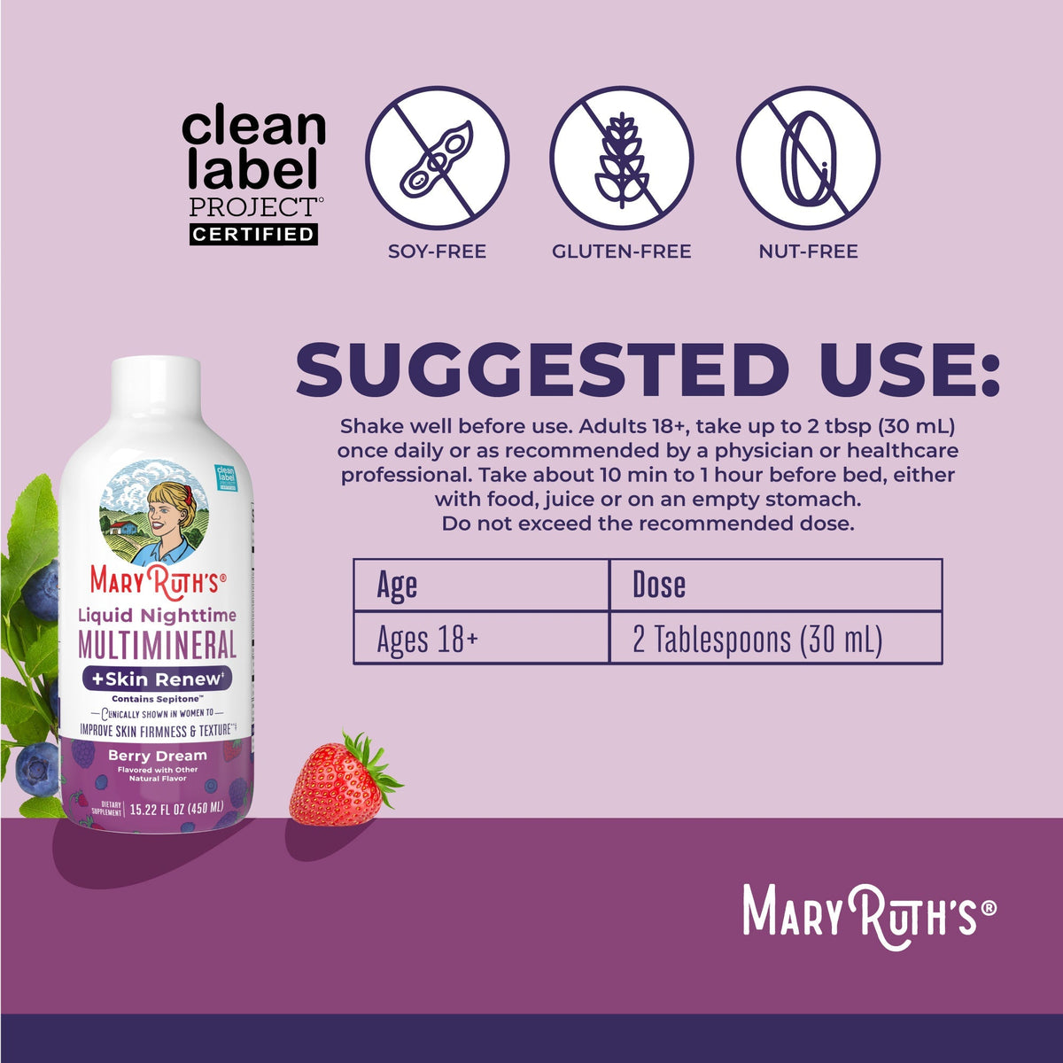 Liquid Nighttime Multimineral + Skin Renew 15oz Berry Dream Suggested Use