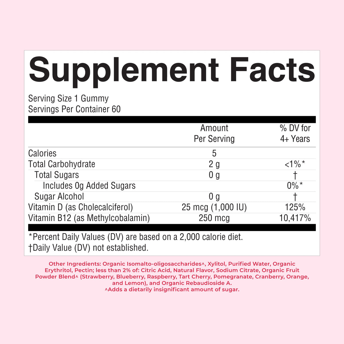 Sugar-Free D3 + B12 Gummies 60CT Raspberry Supplement Facts