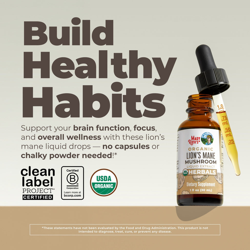 Organic Lion’s Mane Liquid Drops 1oz Build Healthy Habits