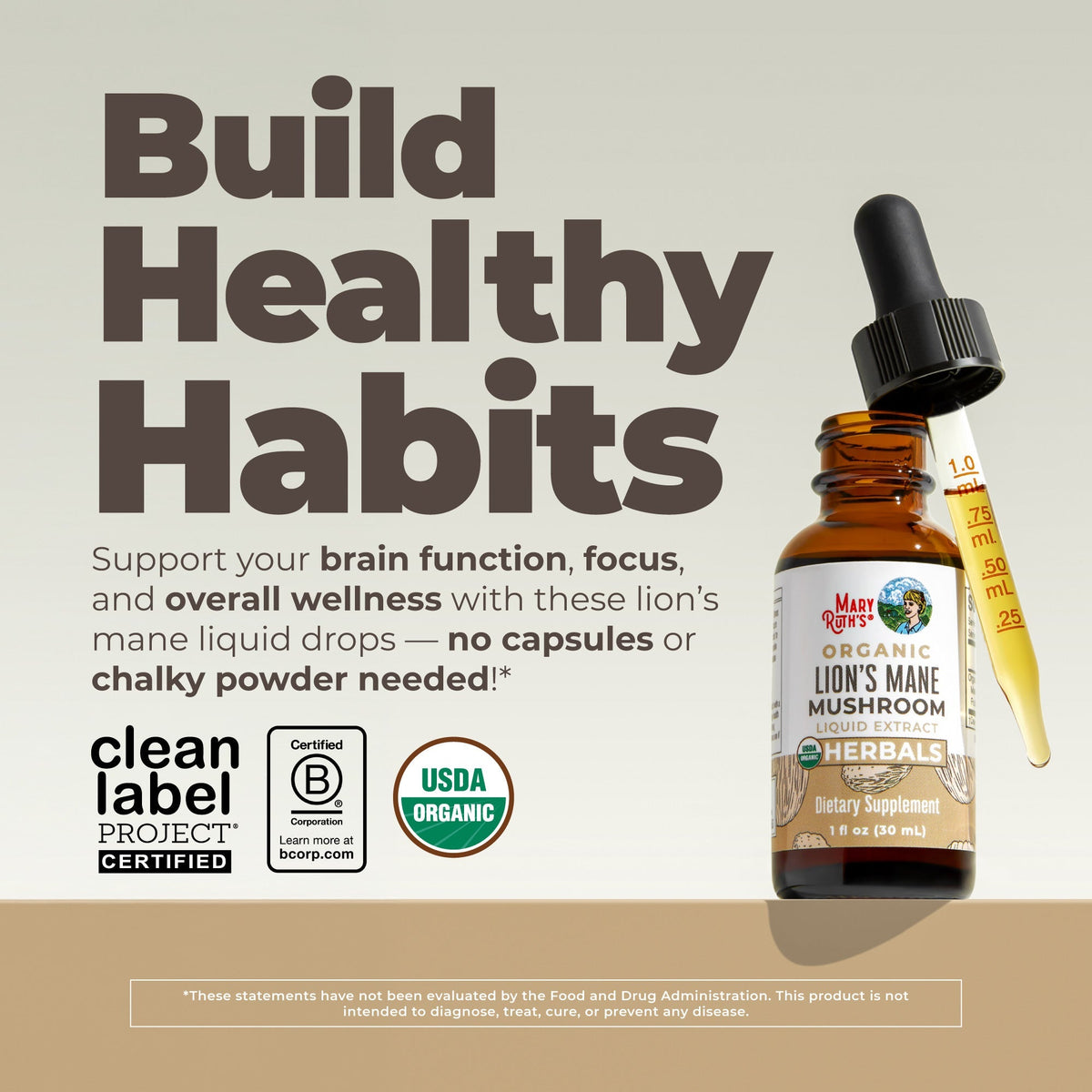 Organic Lion’s Mane Liquid Drops 1oz Build Healthy Habits