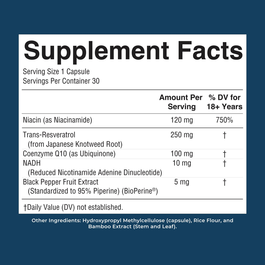 NADH Capsules 30 Count Supplement Facts