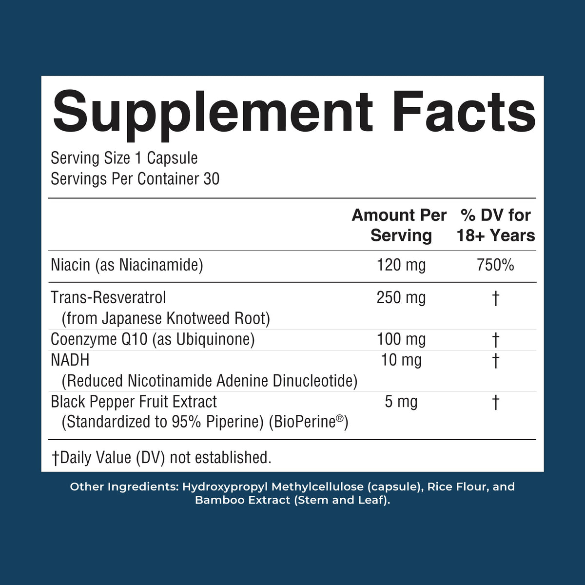 NADH Capsules 30 Count Supplement Facts